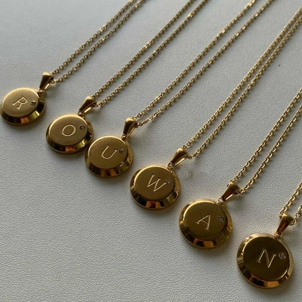 

trend initial letters circle pendant 18k gold plated necklaces for women stainless steel chain 3a zircon jewelry female chains, Silver