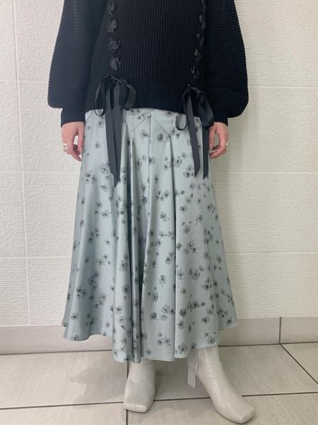 

skirts women 2021ss spring floral pirnted irregular midi skirt, Black