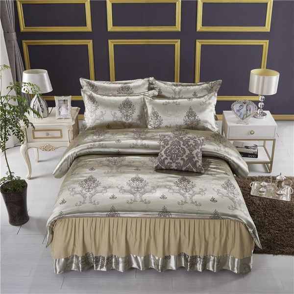 

bedding sets 4pcs european satin jacquard luxury lace  king size duvet cover set bed skirt pillowcase bedclothes