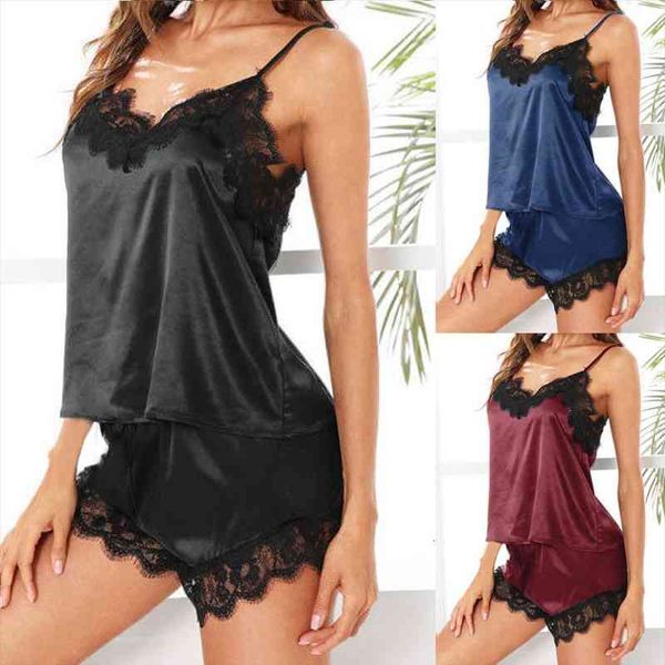 

women pajamas set satin strap lace sleepwear sleeveless camis short set nighties v neck pyjama pour femme 2pcs pijama, Black;red