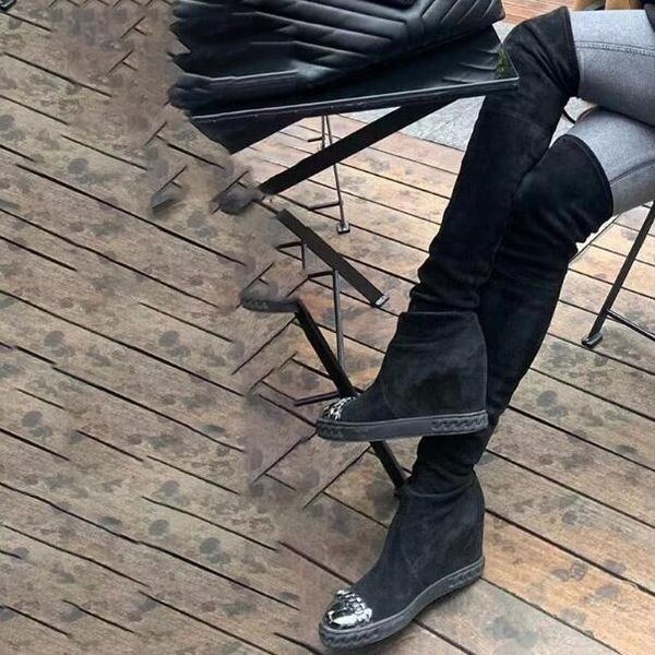 

girls sliver chains iron toe wedge over the knee boots woman height increasing 8 cm slip on elastic slim thigh long botas shoes, Black