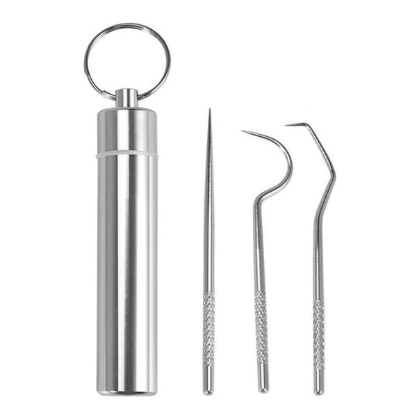 

keychains 3 pieces portable toothpicks pocket set reusable metal holder for outdoor picnic camping backpacking silver