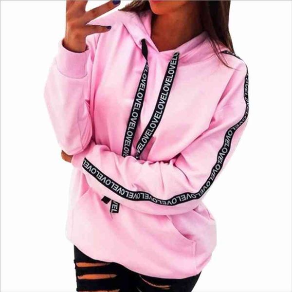 

women autumn sweatshirt women long sleeve solid hooded pullover blouse letter print hoodies plus size, Black