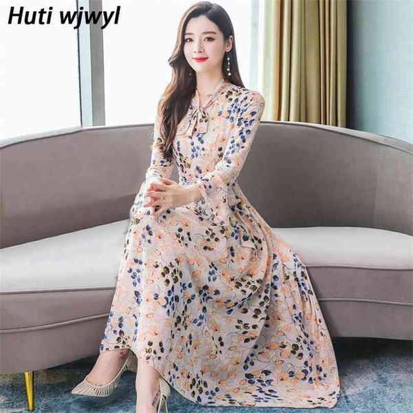 

autumn winter floral chiffon vintage midi dresses plus size long sleeve boho maxi dress women bodycon party casual vestidos 210528, Black;gray