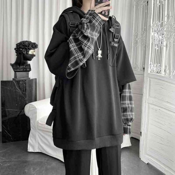 

women's jackets deeptown grunge oversized female vintage hoodie streetwear punk sleeve long korean pullovers chess splice with xubd, Black;brown