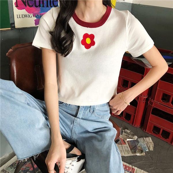 

women's t-shirt o-neck summer short sleeve sweet crop patchwork panelled flower fashion brand t-shirts clothing high quality, White