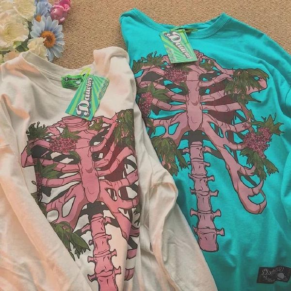 

men's t-shirts zip-up oversized t-shirt y2k gothic grunge clothes skull pattern women long sleeve 90s vintage harajuku shirt vero, White;black