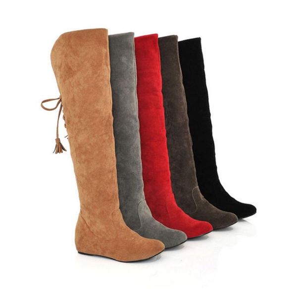 

boots womens faux suede over the knee flat warm comfortable thigh high lace-up woman winter shoes quality, Black