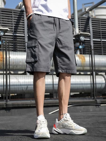 

men side flap pocket drawstring waist shorts 73yn#, Black