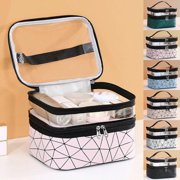 

cosmetic bags & cases fashion women see through diamond lattice double layer travel makeup toiletry case pouch wash storage box