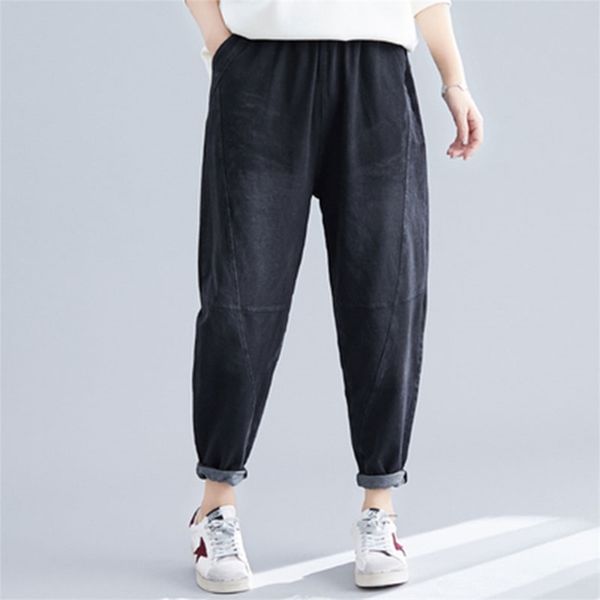 

autumn arts style women elastic waist loose vintage black jeans all-matched casual cotton denim harem pants big size m648 210512, Blue