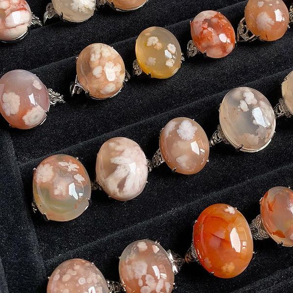 

cluster rings natural cherry blossoms agate ring for women with 925 sterling silver jadeite jade jewelry 14mm, Golden;silver