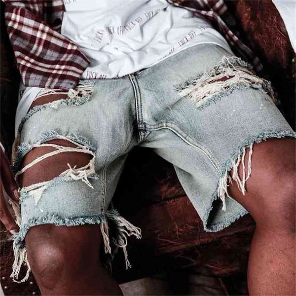 

summer ripped men shorts straight loose beggar hole denim high street hip hop male jeans 210716, Blue