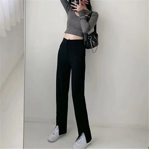 

casual loose straight split pants for women 2021 spring simple black female all-match trousers 2zcj women's & capris, Black;white