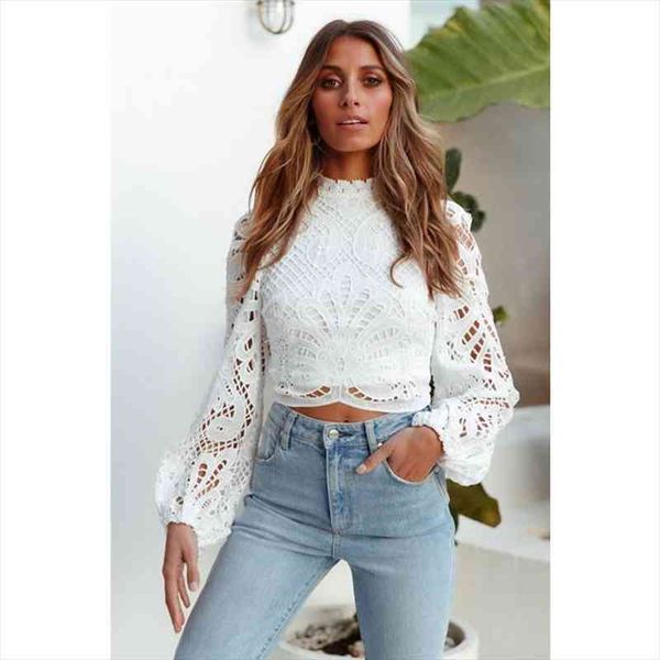 

women and blouses long sleeve flower lace casual crochet hollow out turtleneck blouse female shirts elegant outfits, White