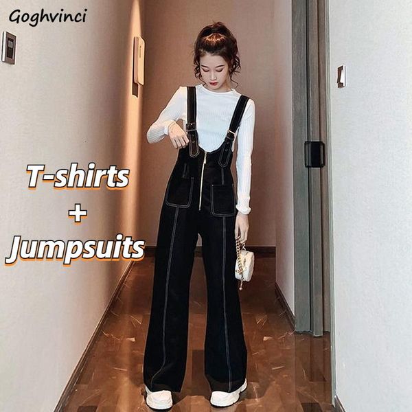 

women's two piece pants sets women fashion overalls sweet wide leg denim vintage jumpsuits spring autumn korean style o-neck long sleev, White