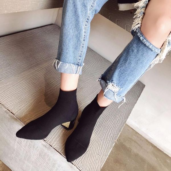 

boots 2021 autumn and winter low-knit wool high-heeled women's stovepipe pointed elastic single, Black