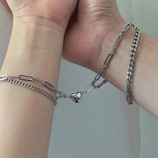 

link, chain 2021 2pcs/set magnet couple bracelets heart attraction bracelet alloy multilayer charm jewelry gifts magnetic love, Black
