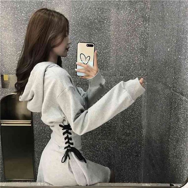 

spring 2021 hooded women lace up waist slim black gothic dress female short mini harajuku streetwear vestidos, Black;gray