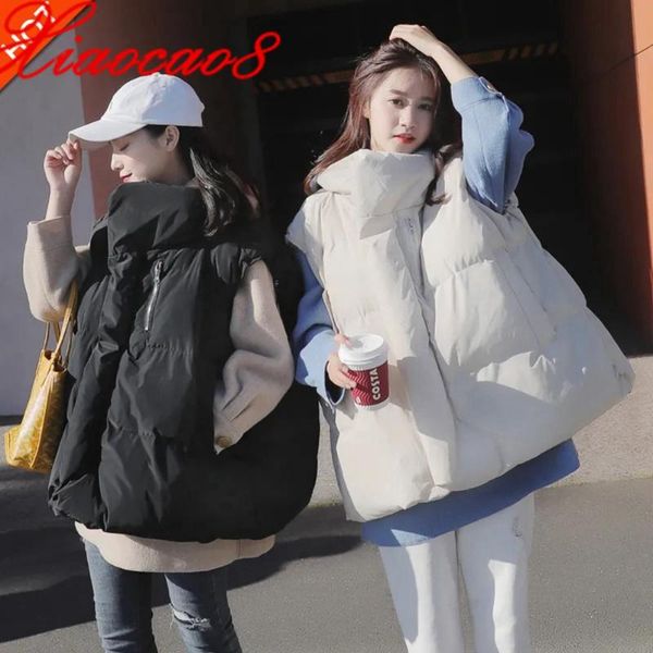 

oversized women thick vest coat 2021 winter solid stand collar sleeveless jacket femme warm outerwear waistcoat plus size black women's, Black;white