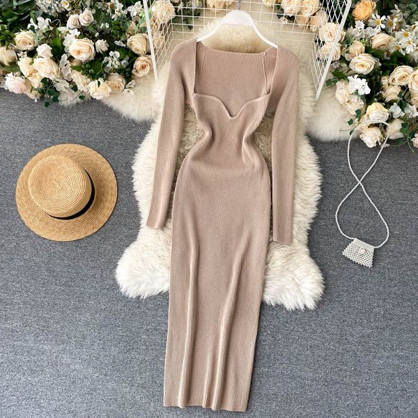 2021 outono novo design feminino gola quadrada manga longa cor sólida túnica bodycon sexy midi longo lápis vestido de malha