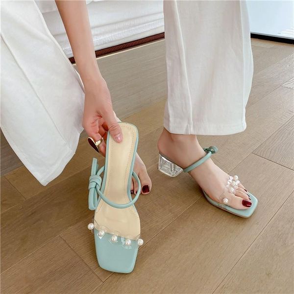 

korean trendy clear transparent heels slippers plus size 33-43 women summer pearls white blue slides woman beach nude shoes, Black