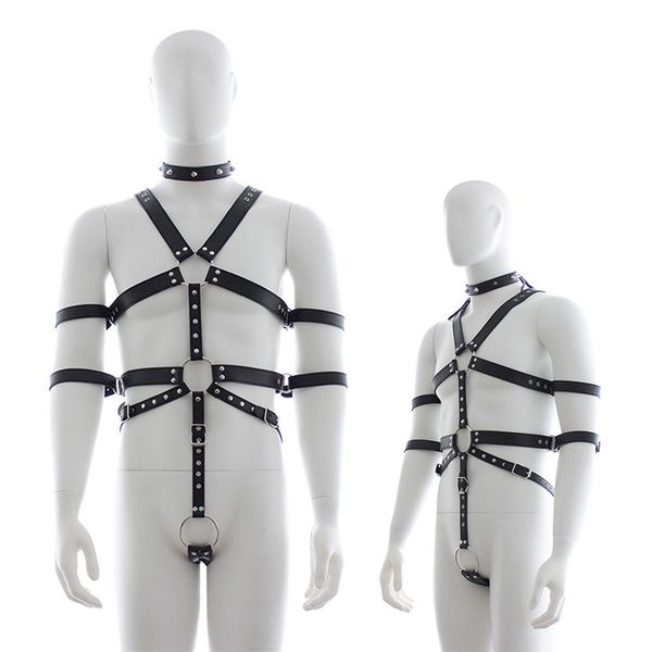 Mens Lingerie Cintura di castità Pu Collo in pelle Colletto Tuta Imbracatura Abbigliamento per uomo Gay Bondage Bdsm Ritenuta Giocattoli sessuali Costume Y0406