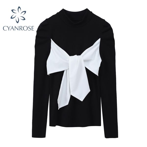 

korean chic skinny sweater women spring long sleeve retro chest bownot bandage knitwear female stylish o neck pullover 210430, White;black