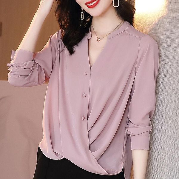 

women's blouses & shirts tunic women elegant blouse long sleeve v neck chiffon tee shirt spring autumn clothes ladies office casual, White
