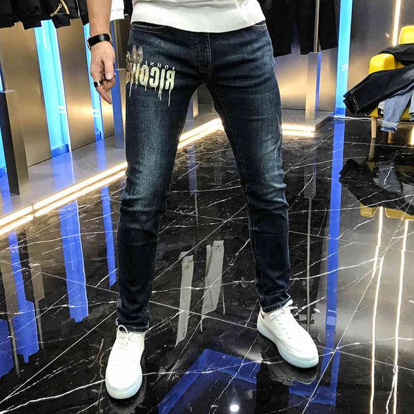 

jean young korean version autumn thin slimming simple letters of trend jeans stretch, Blue