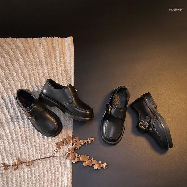 

soft boys casual shoes hook loop leather autumn winter plush warm comfortable children flats black school1, Black;grey