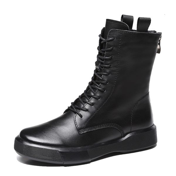 

autumn and winter martin leather women's middle front lace up soft soled boots, Black