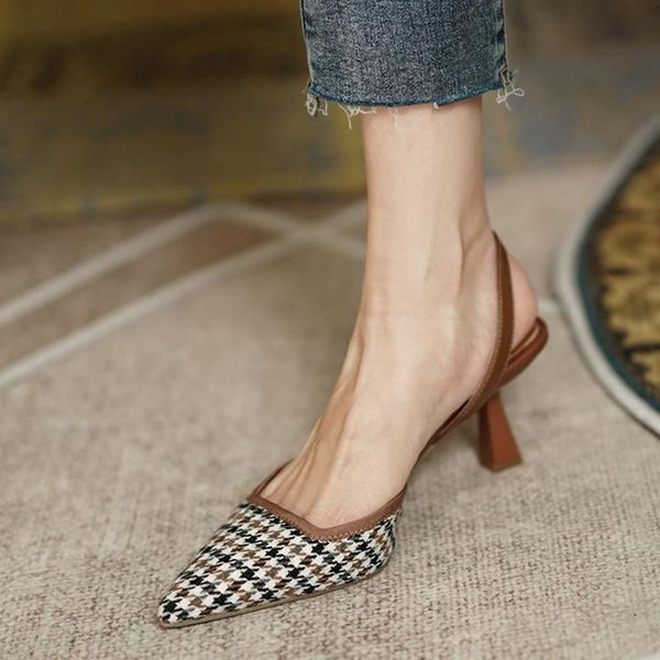 

summer shoes women pointed toe thin heel french cap sandals houndstooth cotton high for dress, Black