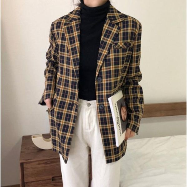 

women's suits & blazers xfpv 2021 autumn winter fashion korean long sleeve slim loose single button plaid blazer coat female sm539, White;black