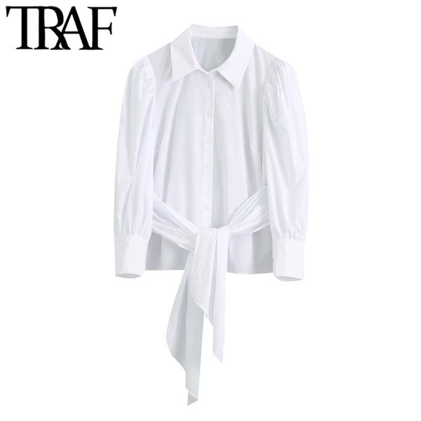 

traf women fashion with bow tied pleated blouses vintage puff sleeve button-up female shirts blusas chic 210415, White