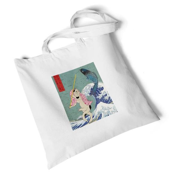 

shopping bags fashion ukiyoe printed white canvas bag environmental reusable handbag storage foldable large travel shoulder