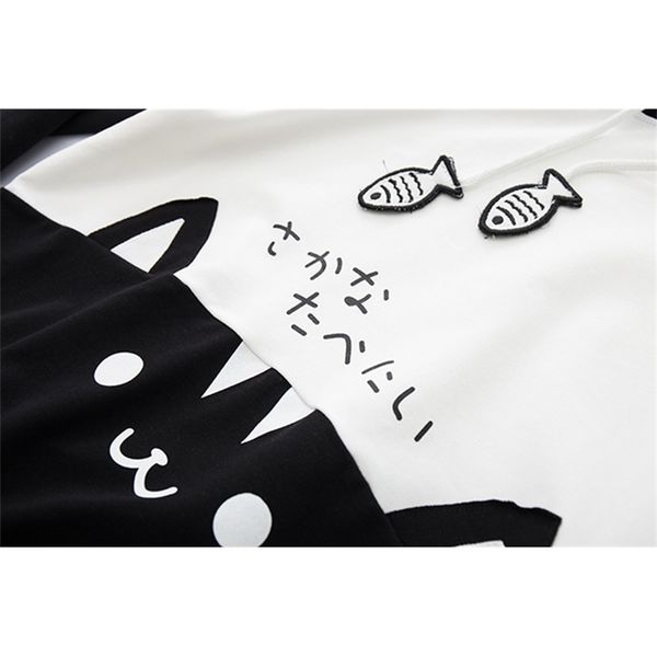 

mori autumn new cute cat stitching hooded student girl casual long sleeve sweater, Black;white