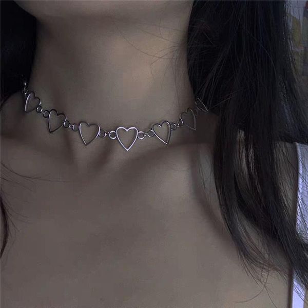 

chokers kpop harajuku goth metal hollow heart neck chains choker necklaces for women egirl party cosplay aesthetic accessories jewelry, Golden;silver