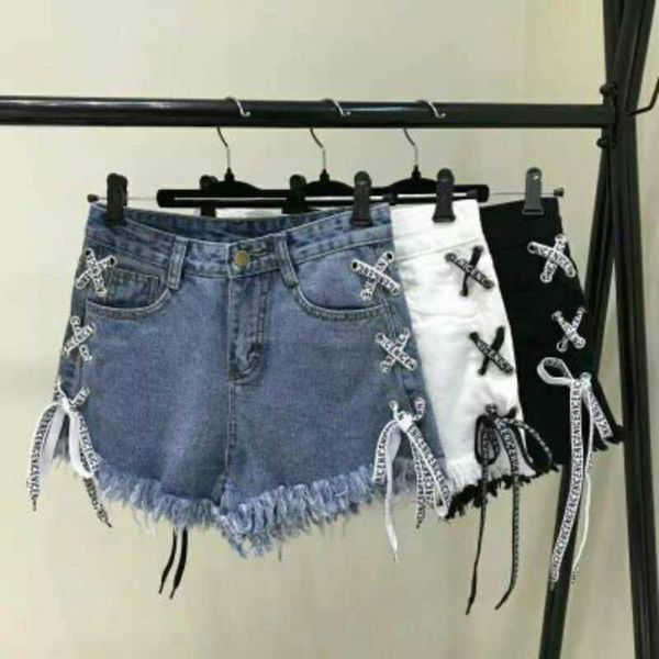 

summer women's denim shorts high waist ripped short jeans femme tassel lace up bandage pants for women, White;black