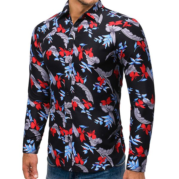 

leaf pattern men's long-sleeved shirt comfortable fit fashion travel office entertainment, White;black