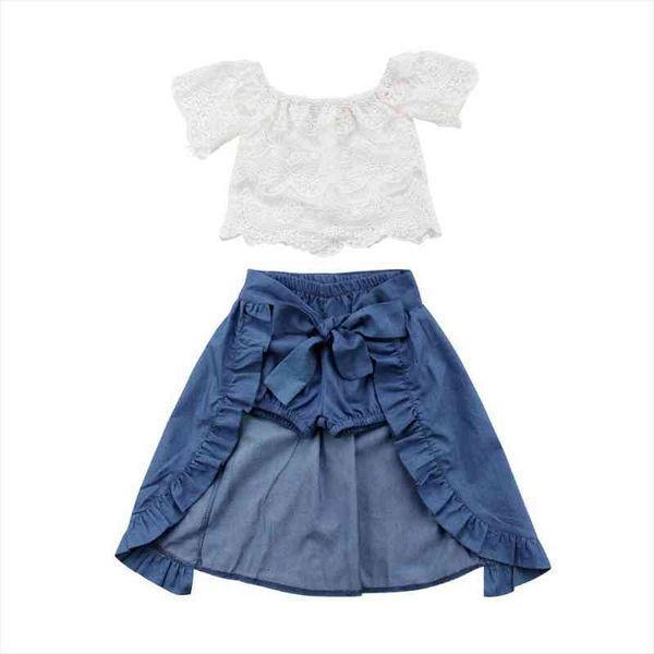 

newborn girl kid lace off shoulder t shirt denim ruffles fishtail pants bowknot dress party outfits clothing, White