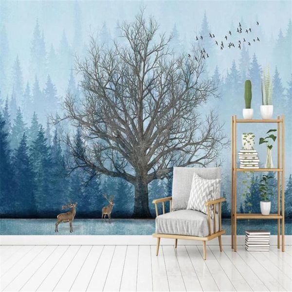

milofi custom 3d wallpaper mural abstract hand-painted forest big tree elk living room bedroom background wall decoration painti wallpapers