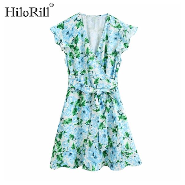 

summer bohemian floral print dress ruffles v neck mini sundress sleeveless bandage beach es ropa de mujer 210508, Black;gray