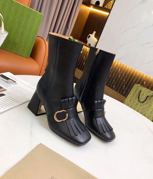 

2021 retro fashion designer women's boots .5cm thick heel metal buckle high barrel bootss super star brand shoes women shoess, Black
