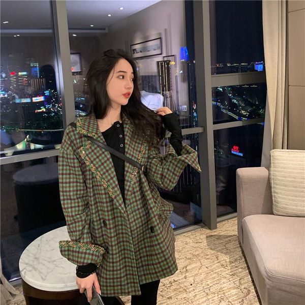 

women's wool & blends loose suit woolen coat autumn and winter 2021 korean version of beaded green retro check, Black