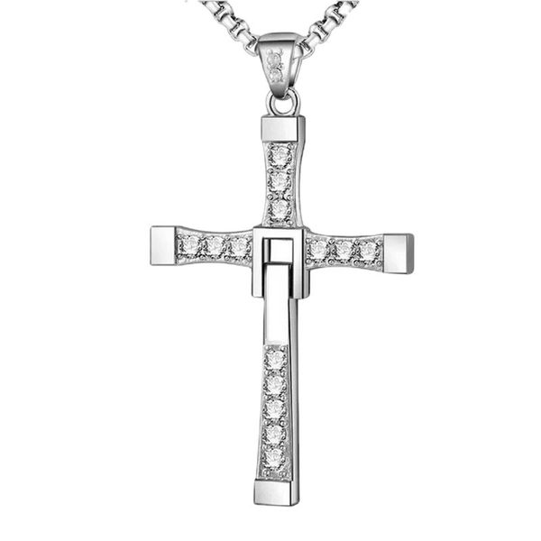 

men's stainless steel pendant necklace the movie fast and furious cz crystal jesus christian cross with a rolo chain, Silver