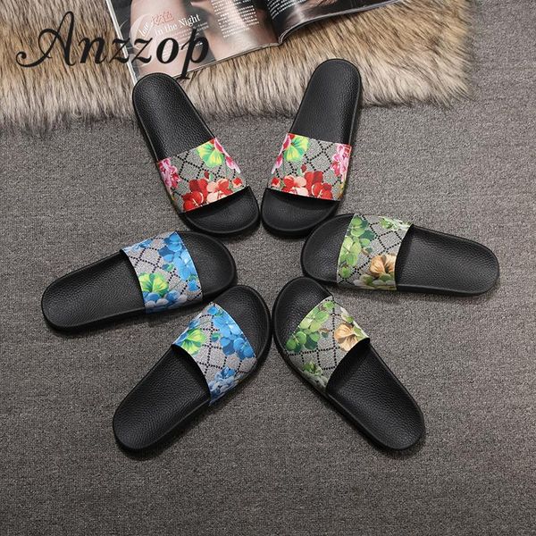 

slippers female 2021 summer luxury design leather flower word large size men and women couple models slip roman beach, Black