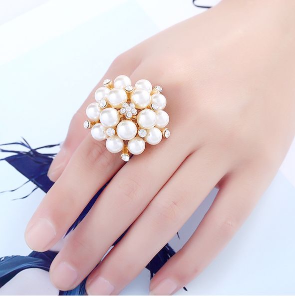 

korea trendy imitate pearl zircon rings for women fashion wedding party geometric flower opening charm finger rings jewelry, Silver