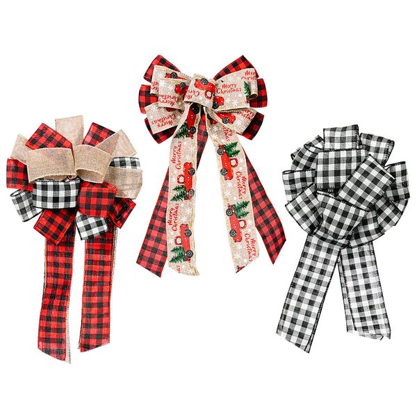 Bowknot Christmas Tree Topper Decorazione Buffalo Plaid Xmas Wreath Bow Indoor Outdoor Hanging Ornament XBJK2110