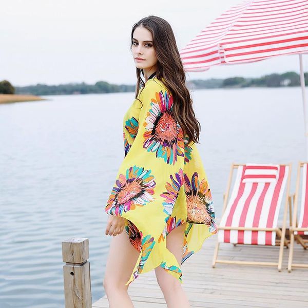 

summer bikini bohemia cover up beach woman fashion chiffon floral print patterns shawl cu21 women's swimwear, White;black